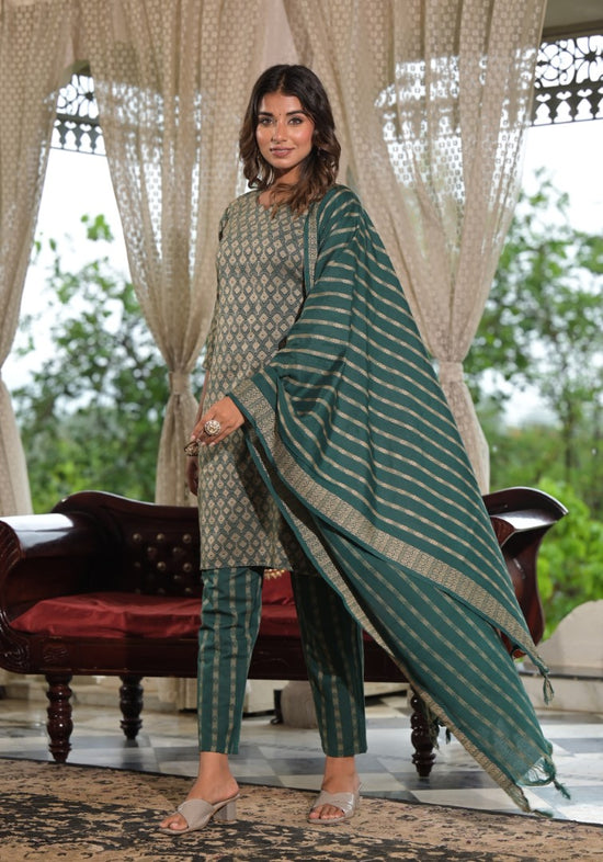 Green Geometric Printed Cotton Kurta Pant Set With Tassels On Dupatta-J4756GREEN