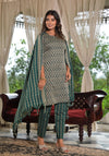 Green Geometric Printed Cotton Kurta Pant Set With Tassels On Dupatta-J4756GREEN