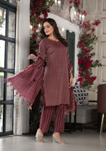 Plum Geometric Printed Cotton Kurta, Pant  With Tassels On Dupatta-J4757PLUM