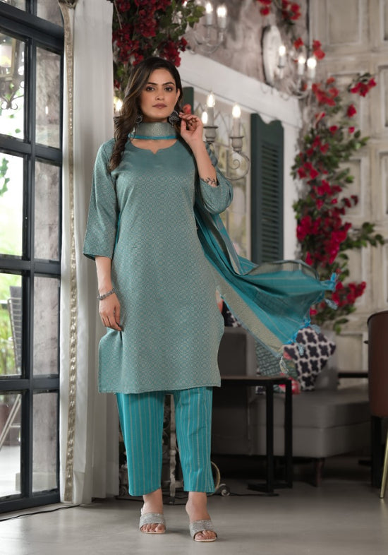 Sky Blue Geometric Printed Cotton Kurta, Pant With Tassels On Dupatta-J4758SKYBLUE