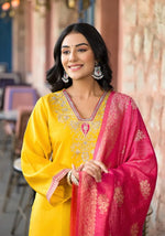 Mustard Zari Embroidered Viscose Kurta Pant And Dupatta Set With Mirror Work-J4795MUSTARD