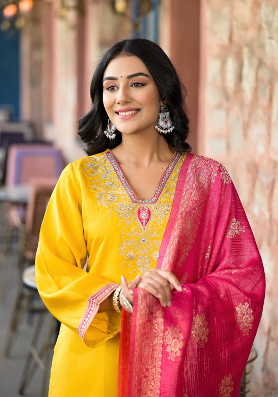 Mustard Zari Embroidered Viscose Kurta Pant And Dupatta Set With Mirror Work-J4795MUSTARD