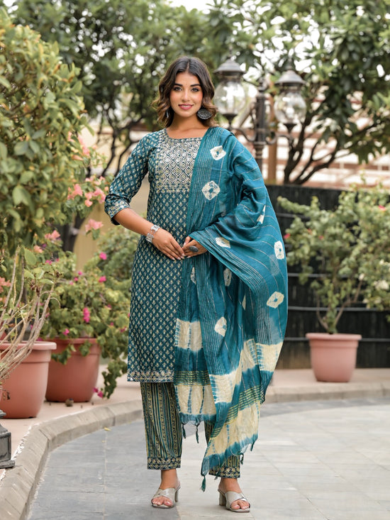 Juniper Green Ethnic Motif Printed Cotton Kurta, Pant And Dupatta Set With Zari Work & Sequins-J4801OT11GREEN