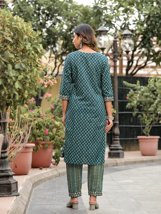 Juniper Green Ethnic Motif Printed Cotton Kurta, Pant And Dupatta Set With Zari Work & Sequins-J4801OT11GREEN