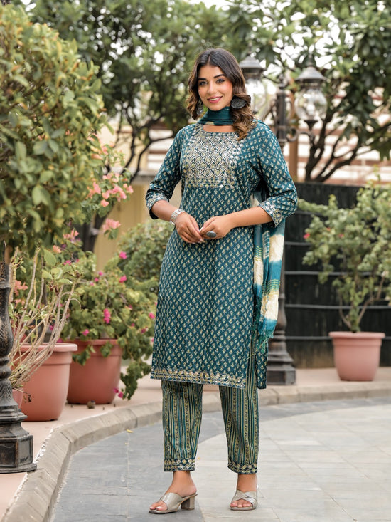 Juniper Green Ethnic Motif Printed Cotton Kurta, Pant And Dupatta Set With Zari Work & Sequins-J4801OT11GREEN