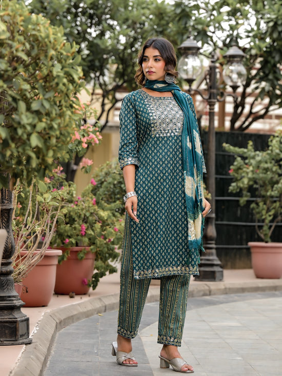 Juniper Green Ethnic Motif Printed Cotton Kurta, Pant And Dupatta Set With Zari Work & Sequins-J4801OT11GREEN