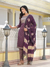 Juniper Wine Ethnic Motif Printed Cotton Kurta, Pant And Dupatta Set With Zari Work & Sequins-J4801OT11WINE