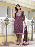 Juniper Wine Ethnic Motif Printed Cotton Kurta, Pant And Dupatta Set With Zari Work & Sequins-J4801OT11WINE