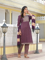 Juniper Wine Ethnic Motif Printed Cotton Kurta, Pant And Dupatta Set With Zari Work & Sequins-J4801OT11WINE