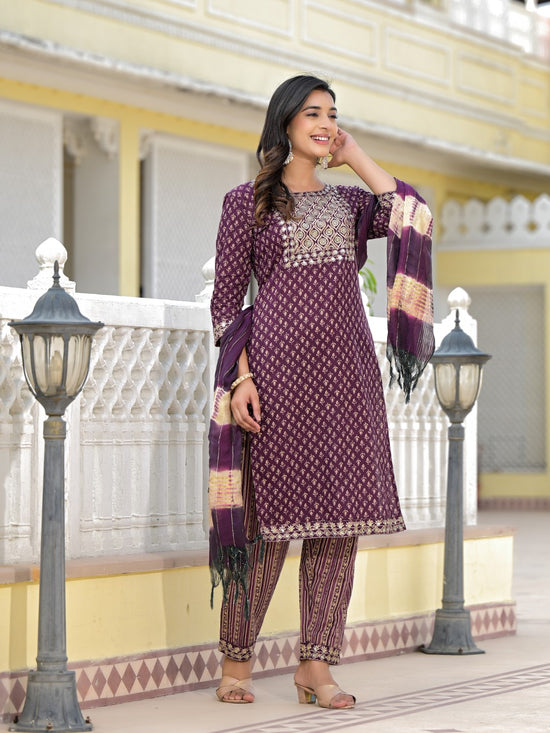 Juniper Wine Ethnic Motif Printed Cotton Kurta, Pant And Dupatta Set With Zari Work & Sequins-J4801OT11WINE