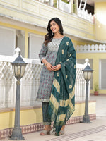 Juniper Teal Ethnic Motif Printed Cotton Kurta, Pant And Dupatta Set With Zari Work & Sequins-J4802OT11TEAL