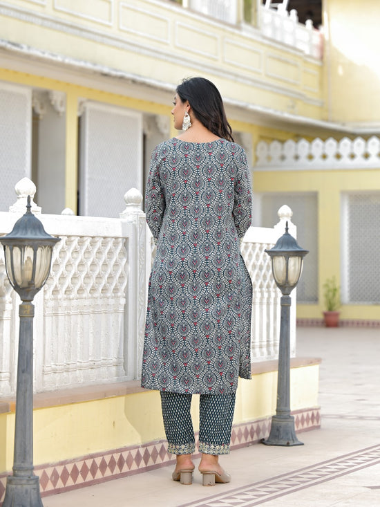 Juniper Teal Ethnic Motif Printed Cotton Kurta, Pant And Dupatta Set With Zari Work & Sequins-J4802OT11TEAL