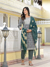 Juniper Teal Ethnic Motif Printed Cotton Kurta, Pant And Dupatta Set With Zari Work & Sequins-J4802OT11TEAL