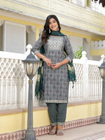 Juniper Teal Ethnic Motif Printed Cotton Kurta, Pant And Dupatta Set With Zari Work & Sequins-J4802OT11TEAL