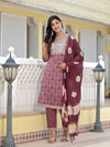 Juniper Wine Ethnic Motif Printed Cotton Kurta, Pant And Dupatta Set With Zari Work & Sequins-J4802OT11WINE