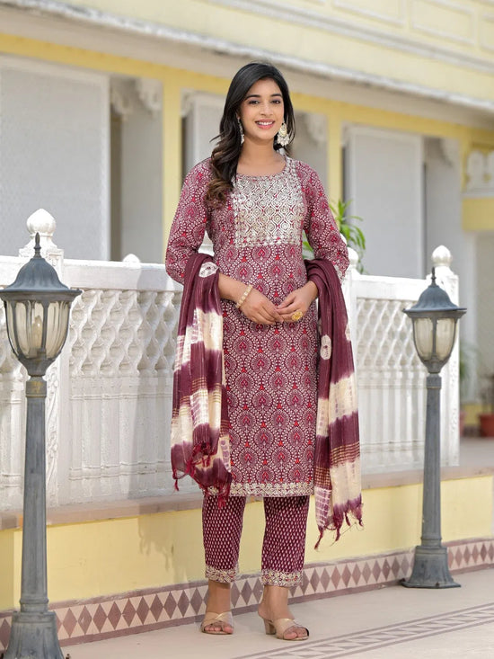 Juniper Wine Ethnic Motif Printed Cotton Kurta, Pant And Dupatta Set With Zari Work & Sequins-J4802OT11WINE