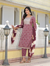 Juniper Wine Ethnic Motif Printed Cotton Kurta, Pant And Dupatta Set With Zari Work & Sequins-J4802OT11WINE