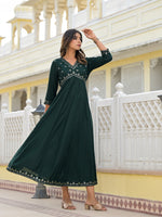 Juniper Bottle Green Mirror Embroidered Liva Rayon Dress With Sequins-J4803OT11BOTTLEGREEN