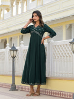 Juniper Bottle Green Mirror Embroidered Liva Rayon Dress With Sequins-J4803OT11BOTTLEGREEN