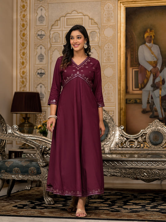 Juniper Wine Mirror Embroidered Liva Rayon Dress For Women With Sequins-J4803OT11WINE