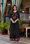 Black Thread Embroidered Cotton Top & Palazzo Set With Button Detail-J4808BLACK