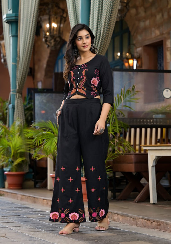 Black Thread Embroidered Cotton Top & Palazzo Set With Button Detail-J4808BLACK