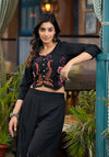 Black Thread Embroidered Cotton Top & Palazzo Set With Button Detail-J4808BLACK