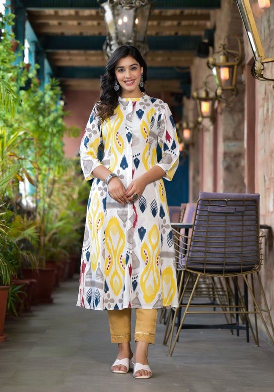 Yellow Ikat Printed Liva Rayon Women Kurta With Button Closure-J4813YELLOW