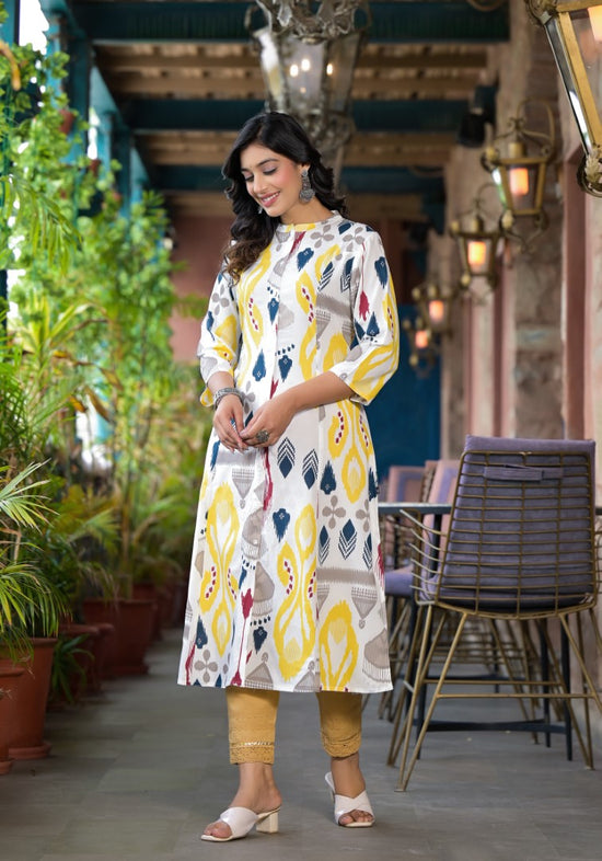 Yellow Ikat Printed Liva Rayon Women Kurta With Button Closure-J4813YELLOW