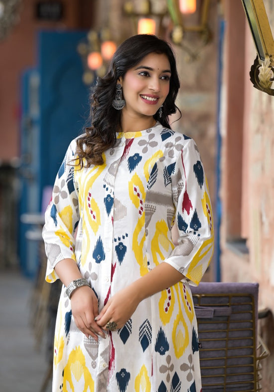 Yellow Ikat Printed Liva Rayon Women Kurta With Button Closure-J4813YELLOW