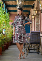 Muti Color Ikat Printed Liva Rayon Dress With Tie-Ups & Button Closure-J4815MULTI