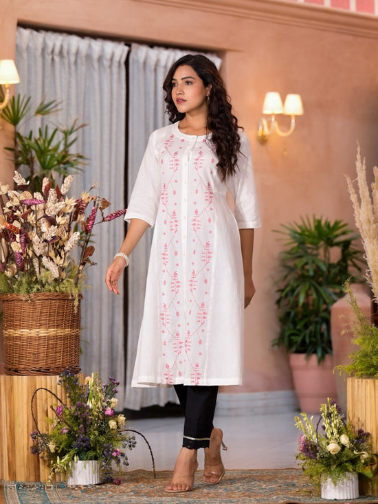 White Thread Embroidered Cotton Kurta Set With Button Closure-J4817WHITE