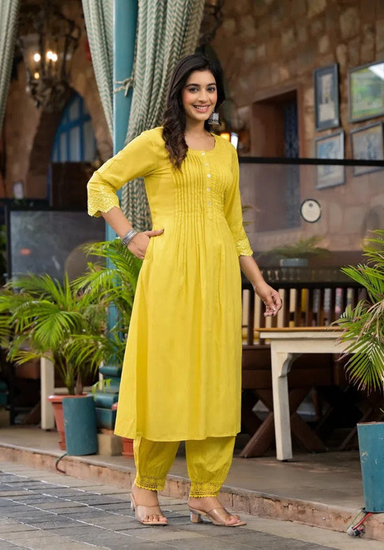 Yellow Mirror Embroidered Liva Rayon Kurta Pant And Dupatta Set With Lace & Button Detail-J4819YELLOW