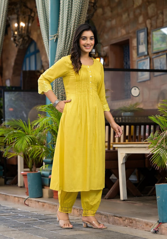 Yellow Mirror Embroidered Liva Rayon Kurta Pant And Dupatta Set With Lace & Button Detail-J4819YELLOW