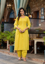 Yellow Mirror Embroidered Liva Rayon Kurta Pant And Dupatta Set With Lace & Button Detail-J4819YELLOW