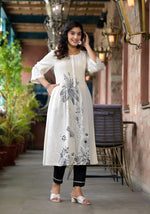 Natural Floral Printed Kurta With Buttons & Lace-J4823NATURAL