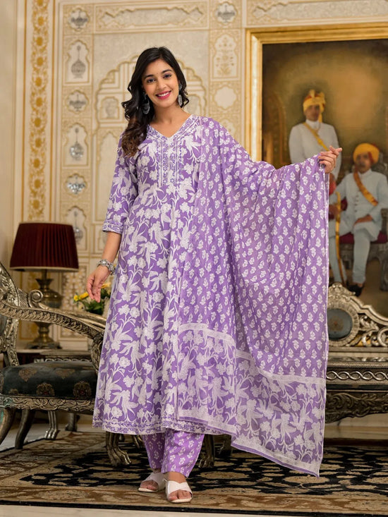 Juniper Lavender Floral Printed Rayon Kurta, Pant And Dupatta Set With Thread & Sequins Work-J4837LAVENDER_OF