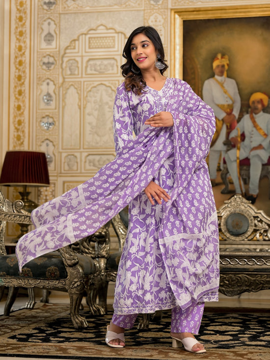 Juniper Lavender Floral Printed Rayon Kurta, Pant And Dupatta Set With Thread & Sequins Work-J4837LAVENDER_OF