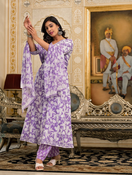 Juniper Lavender Floral Printed Rayon Kurta, Pant And Dupatta Set With Thread & Sequins Work-J4837LAVENDER_OF