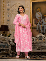 Juniper Pink Floral Printed Rayon Kurta, Pant And Dupatta Set With Thread & Sequins Work-J4837PINK_OF