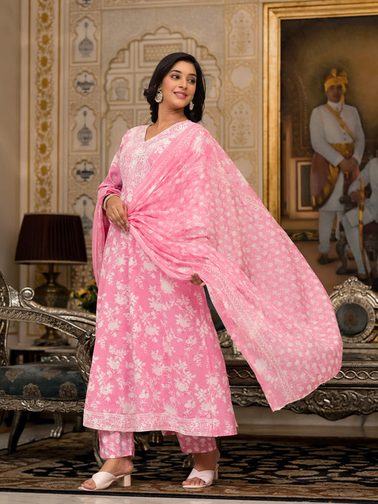 Juniper Pink Floral Printed Rayon Kurta, Pant And Dupatta Set With Thread & Sequins Work-J4837PINK_OF