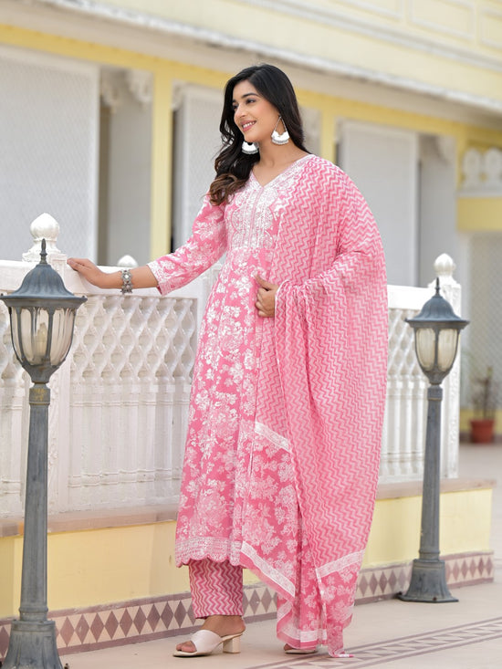 Juniper Pink Floral Printed Rayon Kurta, Pant And Dupatta Set With Thread & Sequins Work-J4838PINK_OF