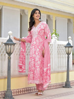 Juniper Pink Floral Printed Rayon Kurta, Pant And Dupatta Set With Thread & Sequins Work-J4838PINK_OF