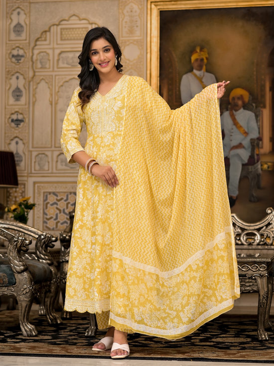 Juniper Yellow Floral Printed Rayon Kurta With Pant And Dupatta With Thread & Sequins Work-J4838YELLOW_OF