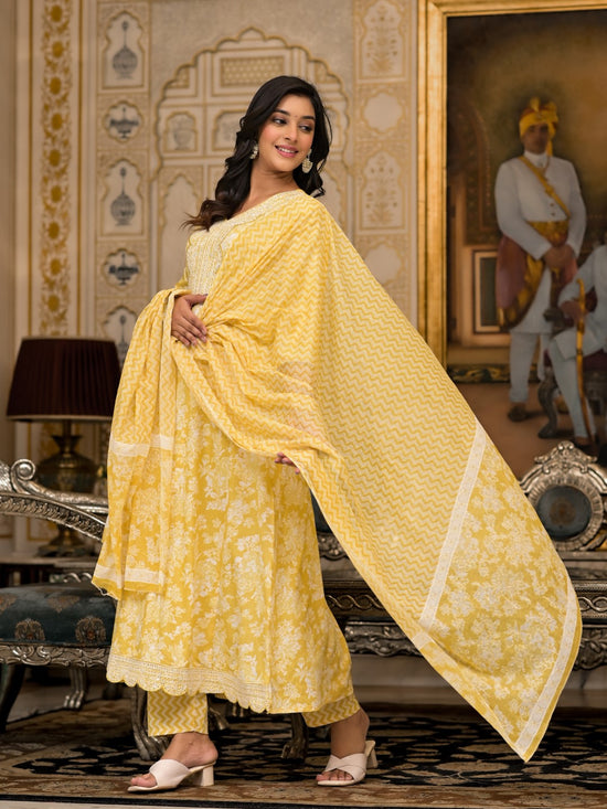 Juniper Yellow Floral Printed Rayon Kurta With Pant And Dupatta With Thread & Sequins Work-J4838YELLOW_OF