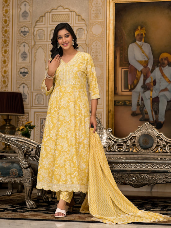 Juniper Yellow Floral Printed Rayon Kurta With Pant And Dupatta With Thread & Sequins Work-J4838YELLOW_OF