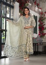 Grey Floral Printed Rayon Kurta, Pant And Dupatta Set With Mirror & Thread Work-J4839GREY_OF