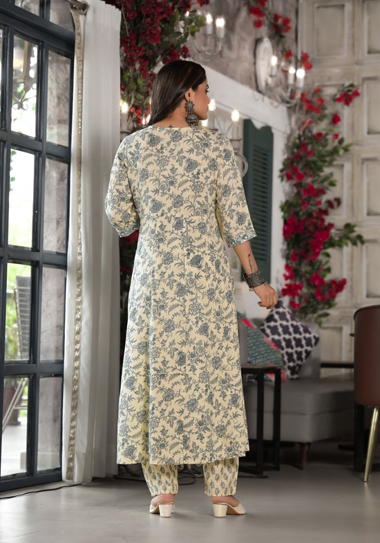 Grey Floral Printed Rayon Kurta, Pant And Dupatta Set With Mirror & Thread Work-J4839GREY_OF