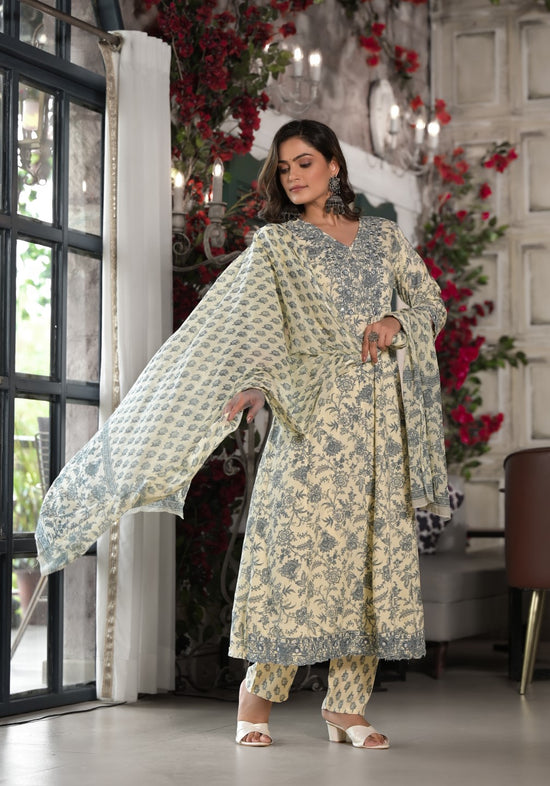 Grey Floral Printed Rayon Kurta, Pant And Dupatta Set With Mirror & Thread Work-J4839GREY_OF