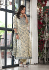 Grey Floral Printed Rayon Kurta, Pant And Dupatta Set With Mirror & Thread Work-J4839GREY_OF